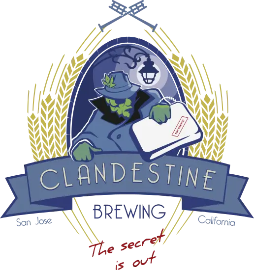 The Clandestine Brewing logo, a hop-head man dressed in secret
                    agent clothing.